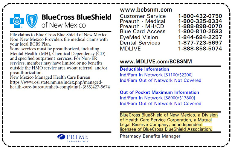 Example of an Fully-Insured Member ID Card